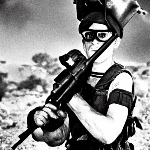 Image similar to black and white photograph of a minion idf soldier fighting in the six day war in 1967