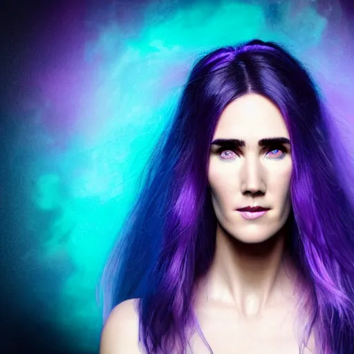 Image similar to beautiful witch female, Jennifer Connelly, blue and purple glowing hair, smiling, clear clean face, two perfect eyes, perfect eyes perfect symmetrical eyes, symmetrical face, blurry background, pose, Alexandra Fomina, face by Ilya Kushinov style, painterly style, high contrast