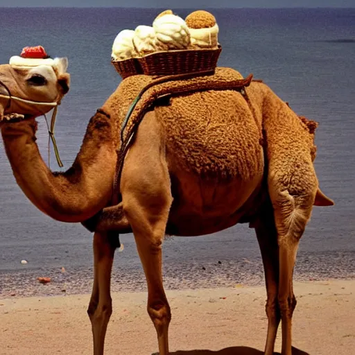 Prompt: a camel with scoops of ice cream on its back instead of humps