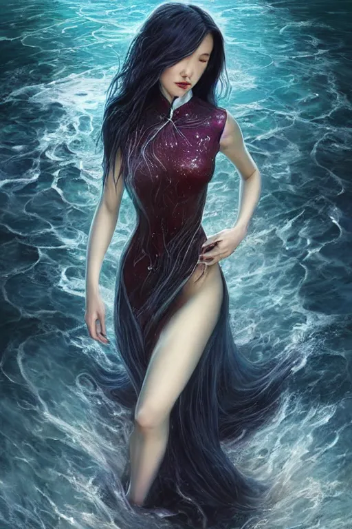 Prompt: portrait of a beautiful woman wearing a cheongsam dress, drenched body, silver hair, emerging from the water, dark fantasy, regal, fractal crystal, fractal gemstones, by ross tran, stanley artgerm lau, thomas kindkade, loish, norman rockwell