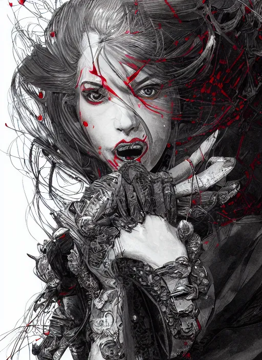 Prompt: close up portrait of a vampire in an elegant dress, red and grey colors, powerful, domineering, stoic, masterful, intense, ultrafine hyperdetailed illustration by kim jung gi, irakli nadar, intricate linework, sharp focus, octopath traveler, yoji shinkawa, highly rendered, detailed, concept art