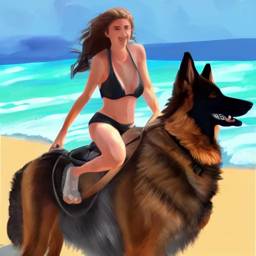 Image similar to girl riding a giant German shepherd at the beach, trending on artstation