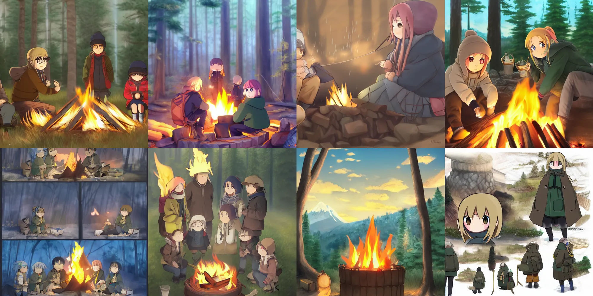 Prompt: yuru camp anime campfire trending on artstation hayao miyazaki