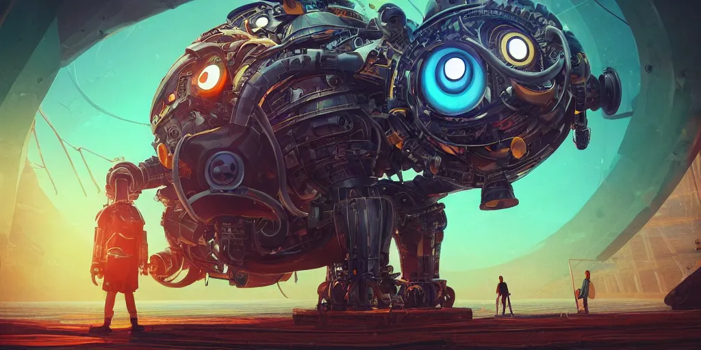 Image similar to huge mechanical creature robot in the middle, its big round eye facing the camera, the eye emits a radiating glowing aura, symmetrical, global illumination, ray tracing, underwater background, garage punk vibes, hdr, fanart, artstation, by ian pesty and alena aenami, artworks, 4 k