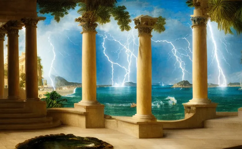 Image similar to mediterranean balustrade and columns, refracted lightnings on the ocean, thunderstorm, fountain, greek pool, beach and Tropical vegetation on the background major arcana sky and occult symbols, by paul delaroche, hyperrealistic 4k uhd, award-winning, very detailed paradise