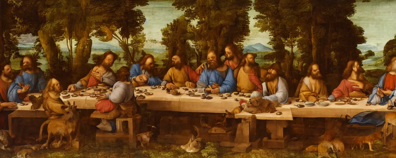 Prompt: A painting of animals sitting at the table in the forest. Style of The last supper by Leonardo Da Vinci