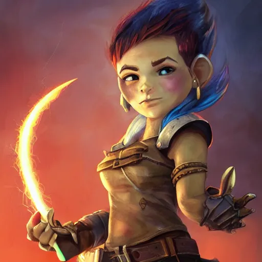 Prompt: full body portrait of a scrappy female gnome engineer with pixie undercut hair, blasting lightning from her metal gauntlet, standing on a ship deck, thunder fantasy magic, naval background, D&D, piercing stare, highly detailed, digital painting, HD, ArtStation, great composition, concept art, matte, sharp focus, illustration, art by artgerm and Greg Rutkowski