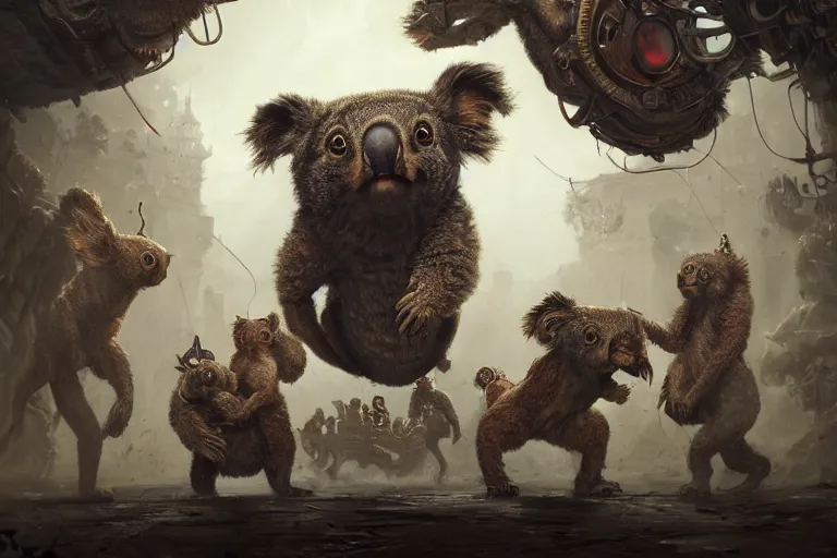 Prompt: steampunk family fighting a horde of crazy lovecraftian koalas, 3d scene, render, ultra realistic, zenith view, Greg Rutkowski, artstation, cgsociety, unreal engine, ray tracing, detailed illustration, hd, 4k, digital art, overdetailed art, concept art, complementing colors, Trending on artstation, deviantart