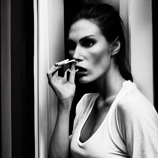 Image similar to Live Action Still of Jerma985 in a film of a beautiful model woman smoking a cigarette by the window, black and white, hyperrealistic, ultra realistic, realistic, highly detailed, epic, HD quality, 8k resolution, body and headshot, film still