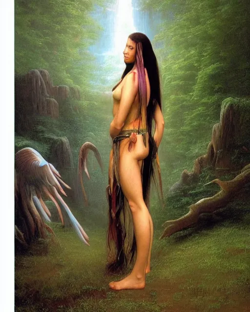 Image similar to beautiful female American Indian, long flowing hair, standing in a fantasy environment, realistic oil painting by Thomas Cole and Wayne Barlowe