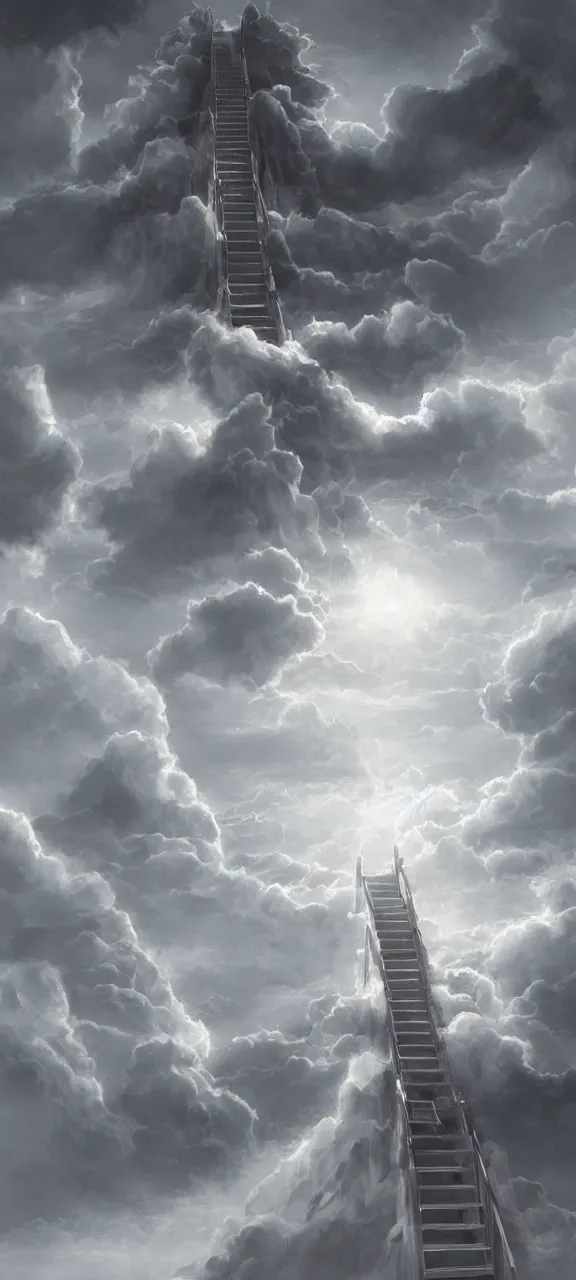 Image similar to stairway ladder to heaven angels ascending artstation ethereal atmospheric epic clouds rays concept art