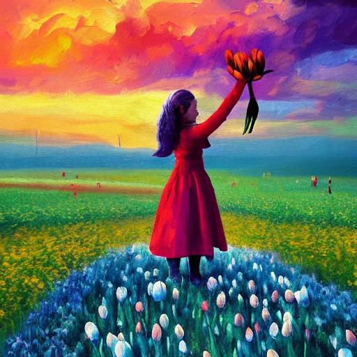 Image similar to girl with singular giant tulip as a head, surreal photography, flower field, sunset dramatic light, impressionist painting, colorful clouds, blue sky, digital painting, artstation, simon stalenhag