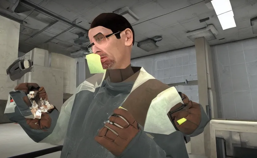Image similar to half life 1 scientist eating chunks out of the test sample