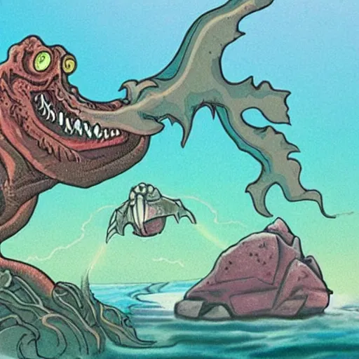 Image similar to an intricate and scary sea monster while The Rock is shooting a laser beam to it