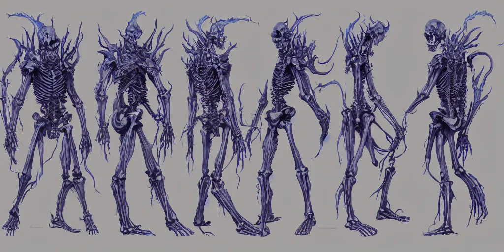 Image similar to Skeleton dark blue ghost flame demon character design sheet, Moebius, Greg Rutkowski, Zabrocki, Karlkka, Jayison Devadas, Phuoc Quan, trending on Artstation, 8K, ultra wide angle, zenith view, pincushion lens effect.