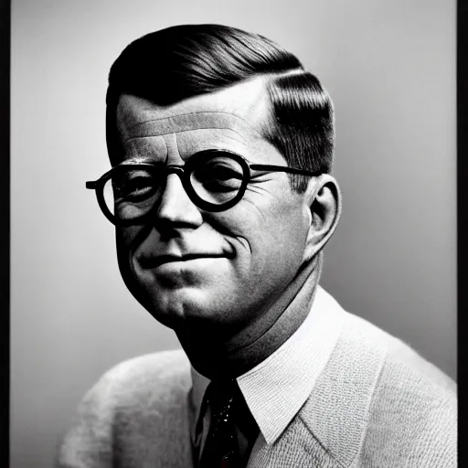 Prompt: A colorful studio portrait of JFK wearing elegant thin-rimmed glasses; f/1.4, 90mm, extraodinary masterpiece!!!!!!