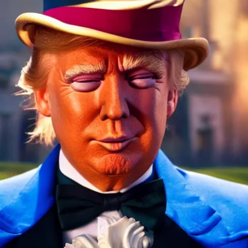 Image similar to portrait of donald trump as willy wonka in, fantasy, splash art, movie still, detailed face, photorealistic facial features, cinematic lighting, dramatic, octane render, long lens, shallow depth of field, bokeh, anamorphic lens flare, 8 k, hyper detailed, 3 5 mm film grain