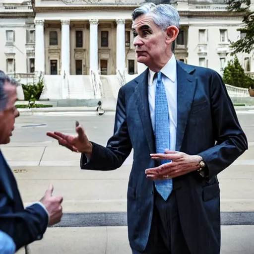 Image similar to Jerome Powell talking with clowns, full body, photo realistic, highly-detailed