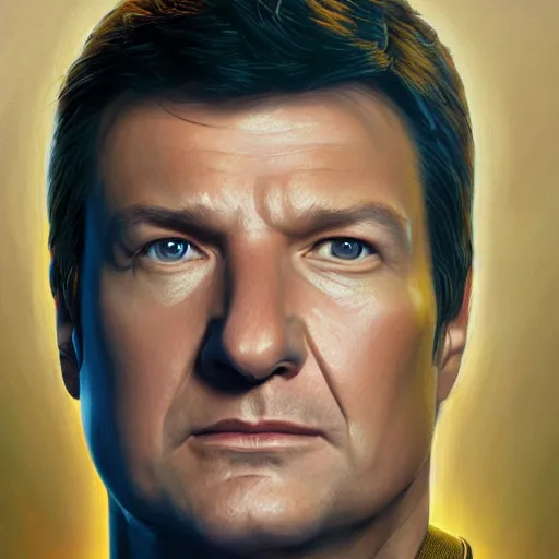 Image similar to A portrait of Nathan Fillion in a starfleet uniform, highly detailed photorealistic, unreal 5, hugh definition, 8k, deviantart, donato giancola, oil painting