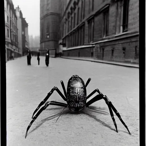 Image similar to giant spiders wearing suits on the streets of london, 1930s photograph