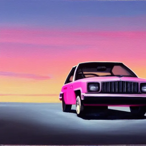 Image similar to an old 1 9 8 0 s car parked off the road, sunset, ocean in distance, pink, oil painting, pale colors, high detail, 8 k, wide angle, trending on artstation,