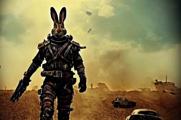 Image similar to a good ol'rabbit fursona ( from the furry fandom ), heavily armed and armored facing down armageddon in a dark and gritty version from the makers of mad max : fury road. witness me.