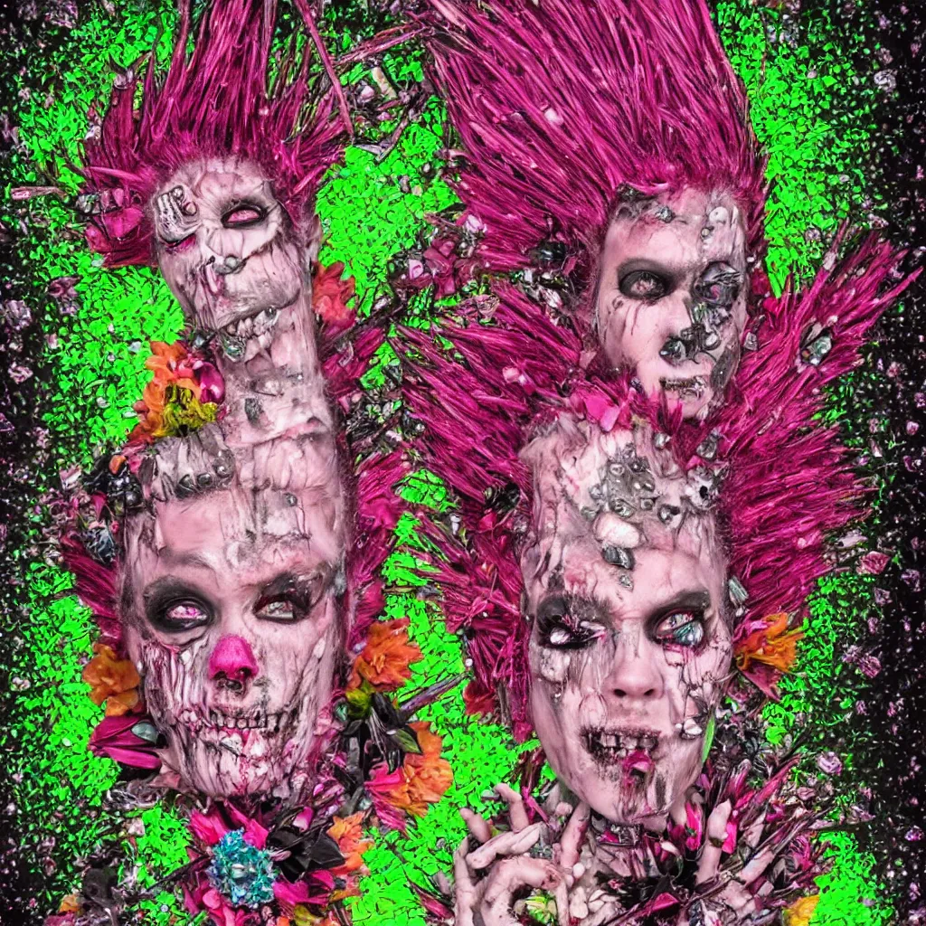 Prompt: a portrait of a punk rock zombie, full head and shoulders visible, pink crystal mohawk, skin made of crystals fruit and flowers, Baroque, Arcimboldo, character design, expressionistic, neon green background