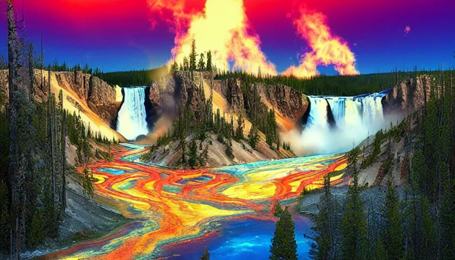 Prompt: a retrowave style artwork of yellowstone national park, a land of the dead, divine, hazy, volumetric lighting, spacetime bending, very detailed, serene, gold accents, washed out colors, beautiful artwork, master level composition, raytracing