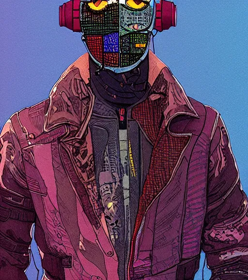 Prompt: a cyberpunk man with a patchwork face of various ethnicities, techwear, Industrial Scifi, detailed illustration, character portrait, by Martin Grip and Moebius