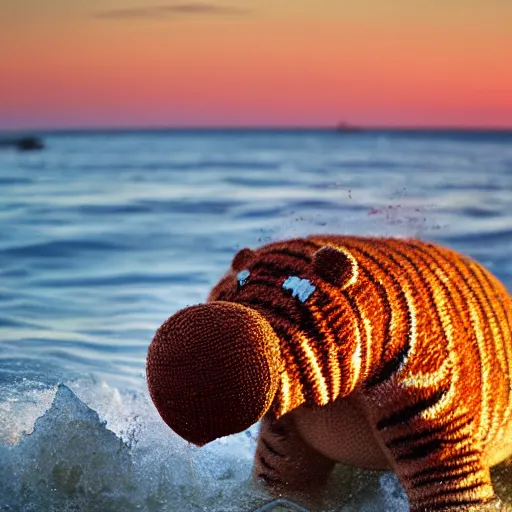 Image similar to a closeup photorealistic photograph of a cute smiling knitted tiger hippopotamus chasing a beachball at sunset. surf in the background. professional capture. this 4 k hd image is trending on artstation, featured on behance, well - rendered, extra crisp, features intricate detail, epic composition and the style of unreal engine.