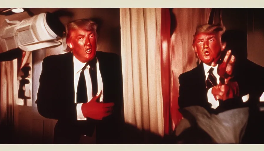 Prompt: 7 0 s film still from a horror movie starring donald trump, kodachrome, cinecolor, cinestill, film grain, film texture, retro, cinematic, high resolution, photorealism,