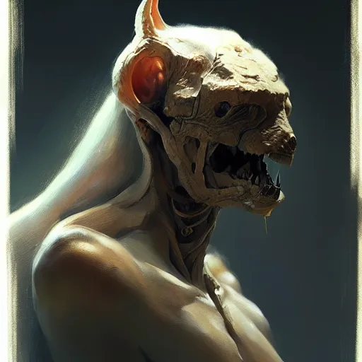 Image similar to humanoid animal, shocking, concept art oil painting, portrait ethereal by jama jurabaev, greg rutkowski extremely detailed, brush hard, artstation, soft light