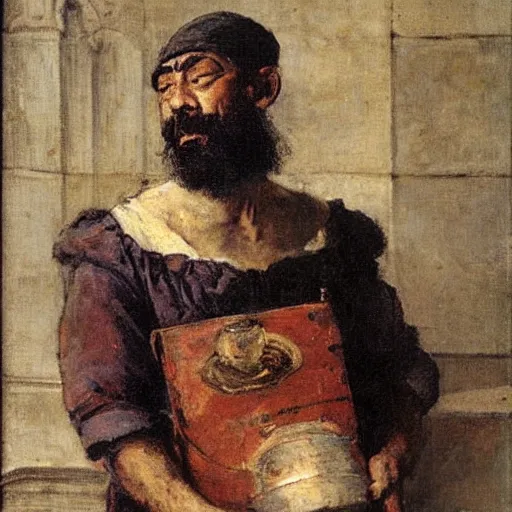 Image similar to Ferdinand Magellan eating cement, oil on canvas, by Juan Luna