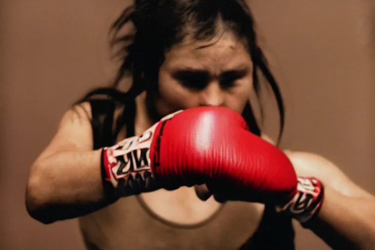 Image similar to close up portrait of women boxing moment of knock out with brews blood sweating, photography photojournalism, very grainy image, 50mm lens, close up portrait polaroid