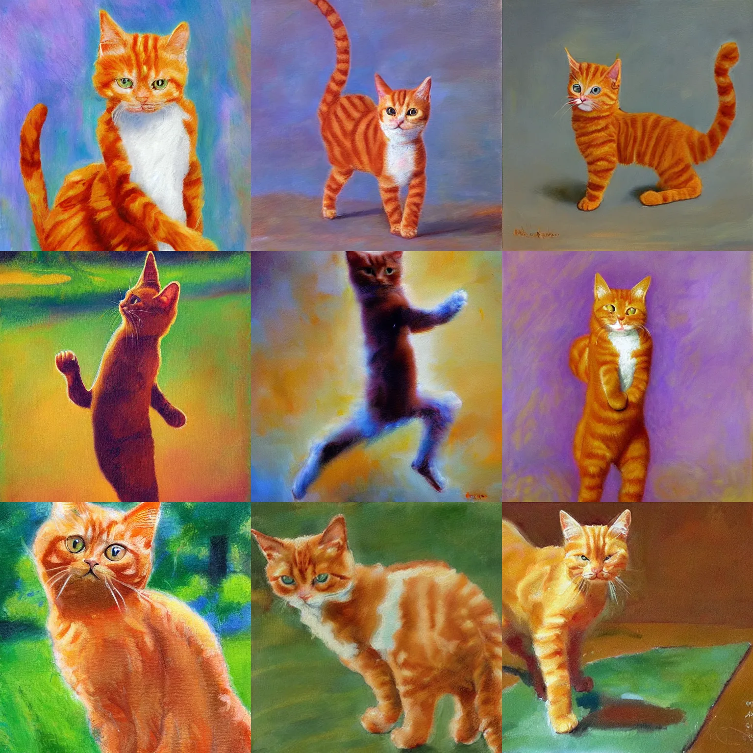 Prompt: ginger cat, standing on one leg, pirouette, painting, impressionist