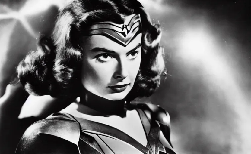 Prompt: ingrid bergman as wonder woman in a scene from the 1 9 4 8 film'wonder woman versus the robots '. film noir. action. beautiful. powerful. depth of field. publicity photograph. bokeh.