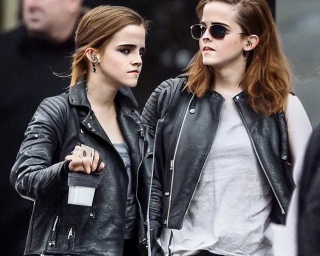Prompt: color studio photo of emma watson smoking a cigarette, face tattoo, leather jacket