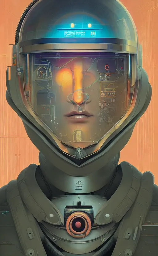 Image similar to portrait of a cyberpunk soldier wearing a futuristic helmet by Petros Afshar and Beeple, James Gilleard, Mark Ryden, Wolfgang Lettl highly detailed