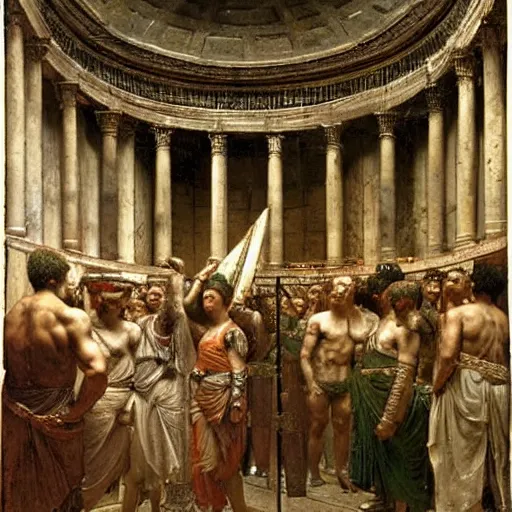 Image similar to ancient roman painting of the interior of the pantheon with a heroic warrior reaching towards the sky, sir lawrence alma - tadema