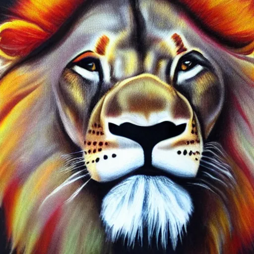 Prompt: lion with red spots above eyes, portrait, canvas texture, painting