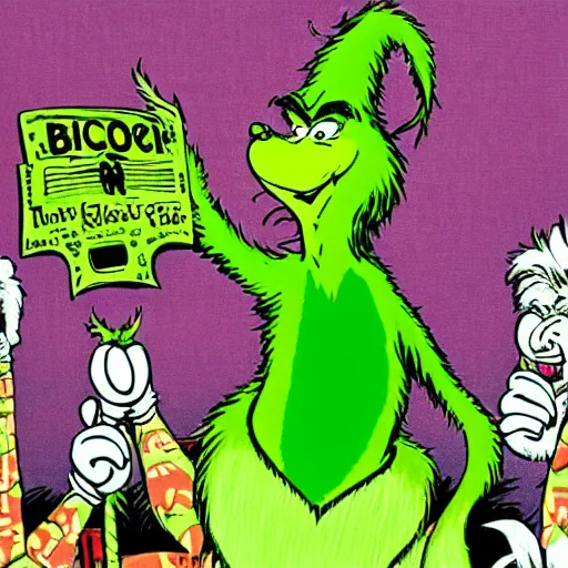 Prompt: how the Grinch stole Bitcoin, illustrated by Dr Seuss