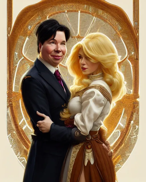 Image similar to Portrait of a  blonde lady and Michael mcintyre with Dogtanian, intricate, elegant, highly detailed, artstation, concept art, smooth, sharp focus, art by artgerm and greg rutkowski and alphonse mucha