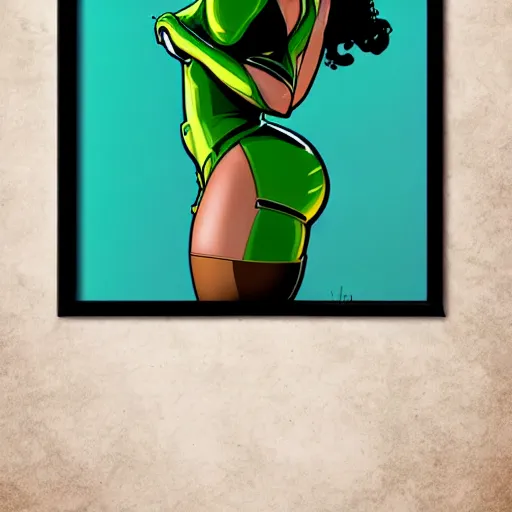 Prompt: Singer Beyoncé as She-Hulk, smiling, poster framed, comic pinup style, sports illustrated, detailed legs, artstation, illustration, posterized, Roge Antonio, Jen Bartel