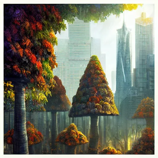 Prompt: overgrown geometric mushroom skyscrapers autumn, sacred geometry nature photography cryengine render, by android jones, james christensen, rob gonsalves, leonid afremov, syd mead, and john stephens