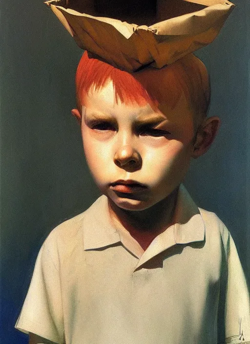 Image similar to child portrait with a paper bag over the head Edward Hopper and James Gilleard, Zdzislaw Beksinski, highly detailed