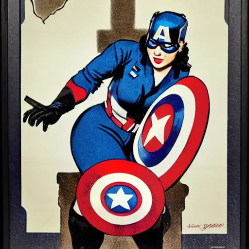 Prompt: female captain america. wwii american propaganda poster by james gurney