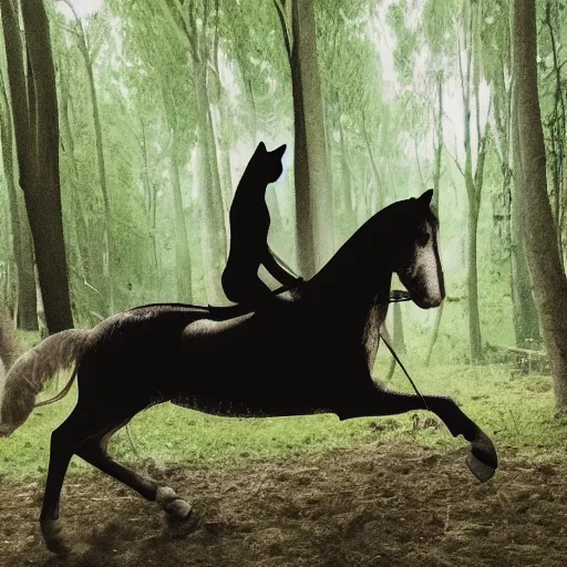 Image similar to cat riding a horse through a forest