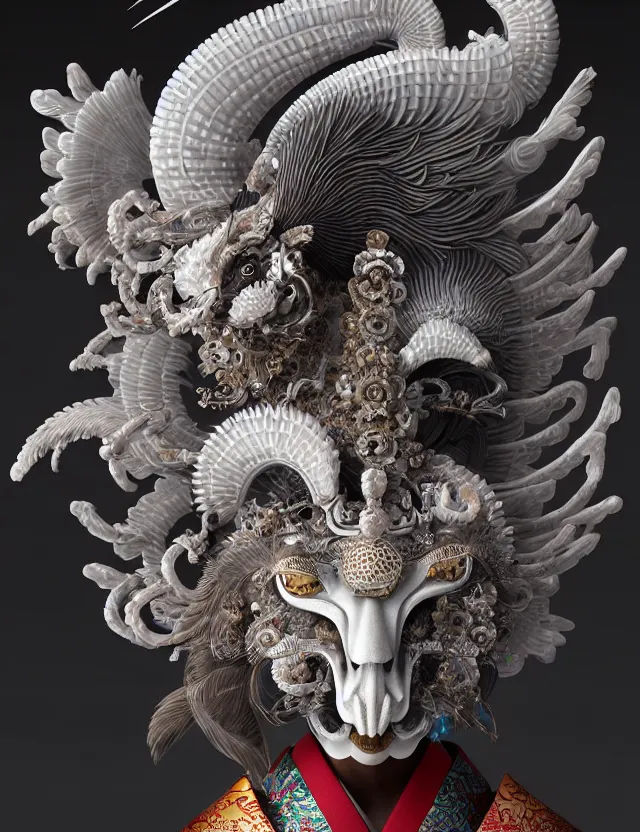 Image similar to 3 d goddess close - up profile portrait ram skull. beautiful intricately detailed japanese crow kitsune mask and clasical japanese kimono. betta fish, jellyfish phoenix, bio luminescent, plasma, ice, water, wind, creature, artwork by tooth wu and wlop and beeple and greg rutkowski