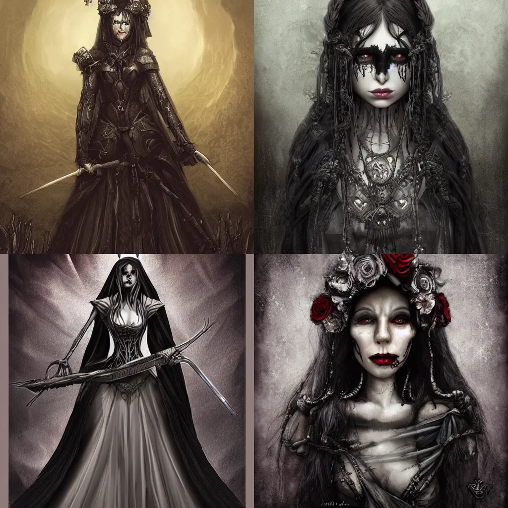 Image similar to the executioner's bride, digital art, dark fantasy, highly detailed