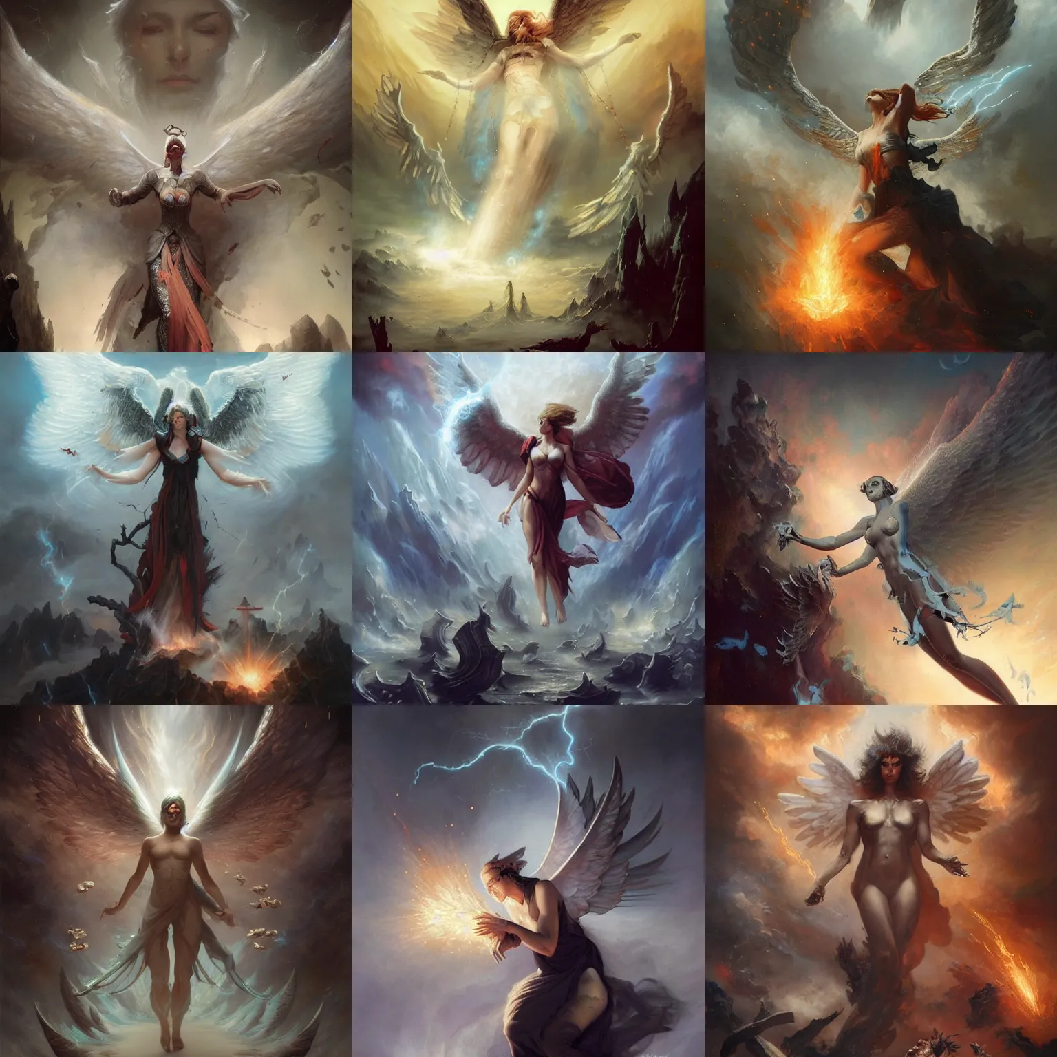 Prompt: An angel throws live coals from the altar upon the earth, resulting in voices, thunder, lightning, and earthquake, a matte masterpiece by Raymond Swanland and Peter Mohrbacher